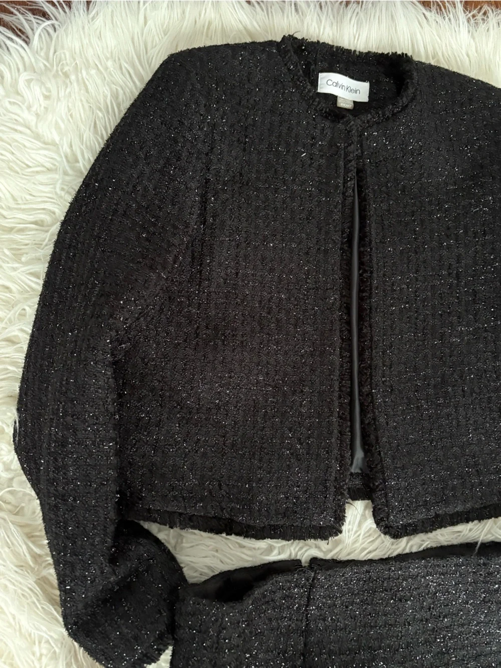 NWT Calvin Klein Black Tweed Blazer & Skirt 2-Piece Suit Set Size Small 4P/6